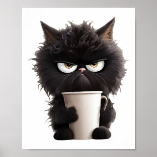 Grappig Schattige Zwarte Kat Koffie Boos Poster
