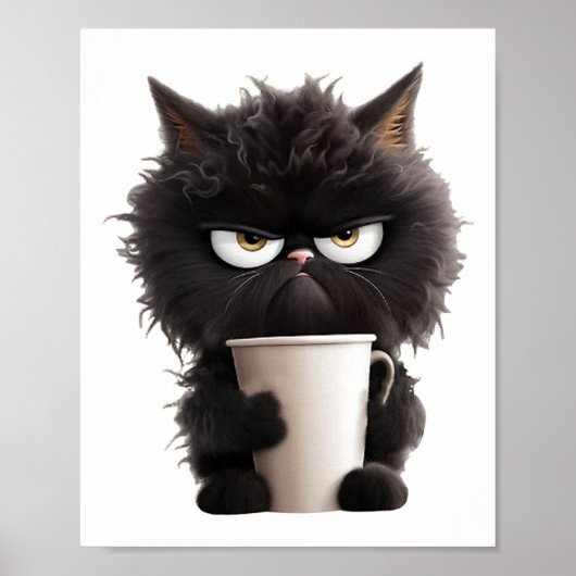 Grappig Schattige Zwarte Kat Koffie Boos Poster (Voorkant)