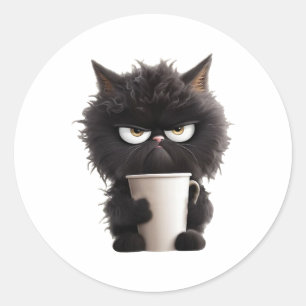 Grappig Schattige Zwarte Kat Koffie Boos Ronde Sticker