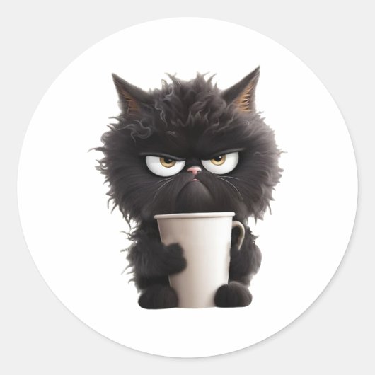 Grappig Schattige Zwarte Kat Koffie Boos Ronde Sticker (Voorkant)