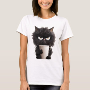 Grappig Schattige Zwarte Kat Koffie Boos T-shirt
