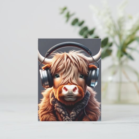 Grappig Schots Hoogland luistert naar muziek Briefkaart (Staand voorkant)