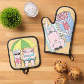 Grappig Seaside Paar Cartoon Seaside Art Ovenwant & Pannenlap Set (Top down)