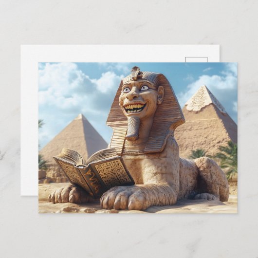 Grappig Sfinxstandbeeld dat oud boek leest in Egyp Feestdagenkaart (Voorkant / Achterkant)