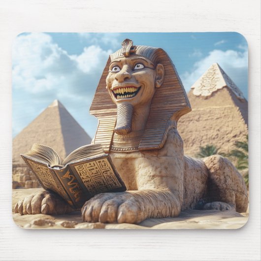 Grappig Sfinxstandbeeld dat oud boek leest in Egyp Muismat (Voorkant)