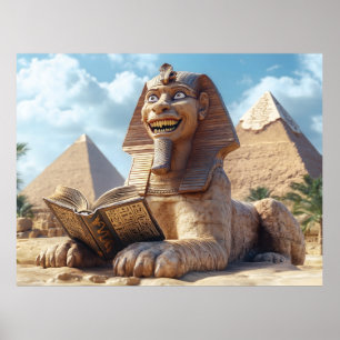 Grappig Sfinxstandbeeld dat oud boek leest in Egyp Poster