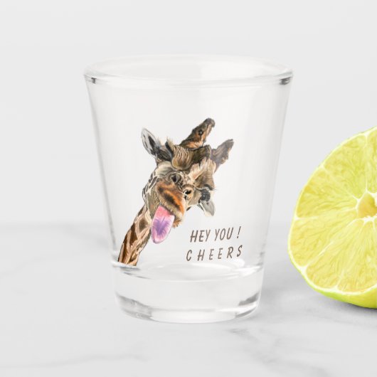 Grappig Shot Glass met speelse Giraffe Cheers Teks Glas (Voorkant)