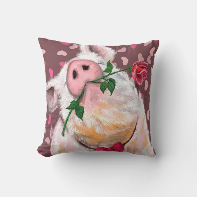 Grappig Sierkussen Gentleman Pig met Roos (Voorkant)