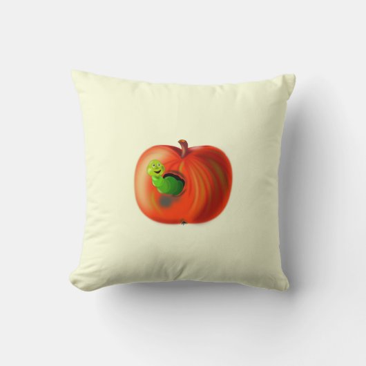 Grappig Sierkussen met Happy Worm In Red Apple (Voorkant)
