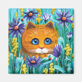Grappig Sinaasappel Tabby Cat Mouse Flowers Creati Magneet