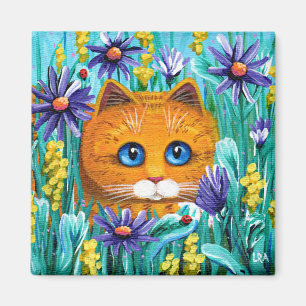 Grappig Sinaasappel Tabby Cat Mouse Flowers Creati Magneet