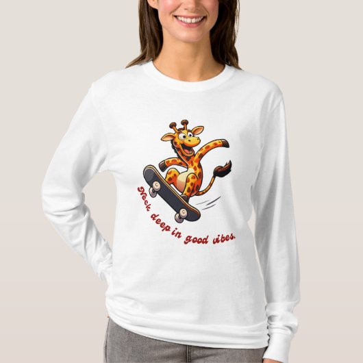 Grappig Skateboarden Giraffe Cartoon Design T-shirt (Voorkant)
