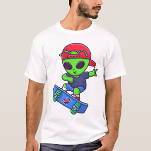 Grappig Skateboardende Alien Streetwear Ontwerp T-shirt