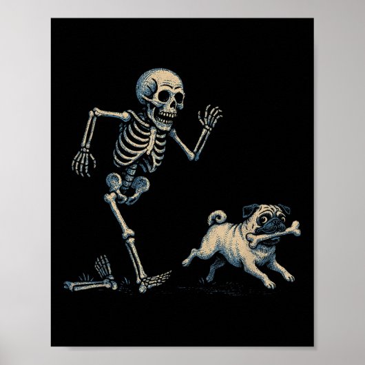 Grappig Skelet Chasing Pug Halloween Hond Mama Pug Poster (Voorkant)