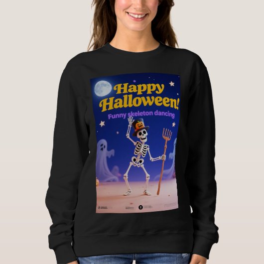 Grappig Skelet Dansend met "Happy Halloween"-Banne Trui (Voorkant)