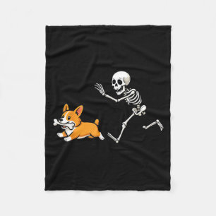 Grappig Skelet dat Corgi achterna zit Halloween Ho Fleece Deken