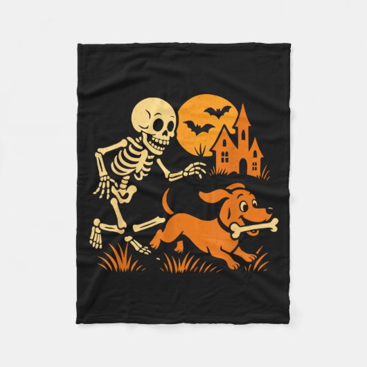 Grappig Skelet dat op een Dachshund-hond Jaagt Gra Fleece Deken (Voorkant)