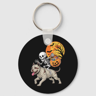 Grappig Skelet dat op Mummie Pitbull Hond rijdt Vr Sleutelhanger