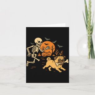 Grappig skelet dat op pug jaagt Halloween kostuum Kaart