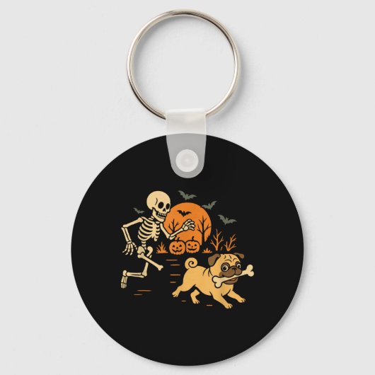 Grappig skelet dat op pug jaagt Halloween kostuum Sleutelhanger (Voorkant)