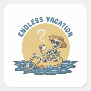 Grappig Skelet "Eindeloze Vakantie" Retro Donkere Vierkante Sticker
