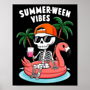 Grappig Skelet Flamingo Summerween Vibe Halloween Poster