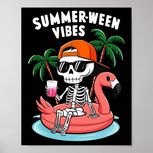 Grappig Skelet Flamingo Summerween Vibe Halloween Poster (Voorkant)