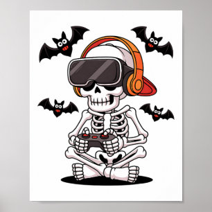 Grappig Skelet Gamer Met Vr Headset Halloween Stij Poster