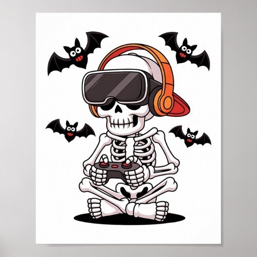 Grappig Skelet Gamer Met Vr Headset Halloween Stij Poster (Voorkant)
