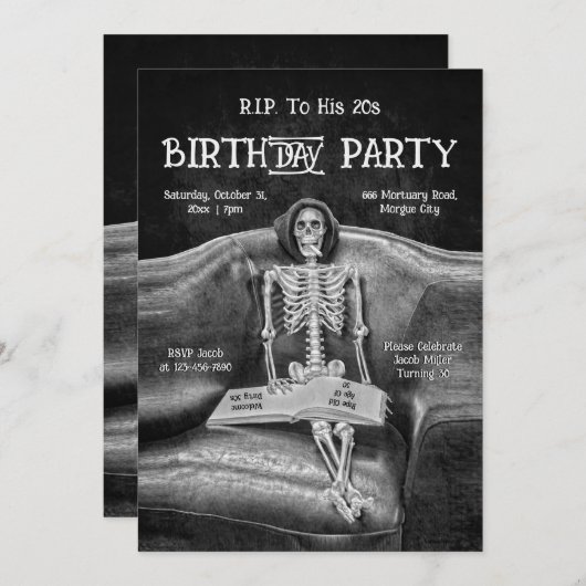 Grappig skelet  gotische RIP naar zijn 20s Aankondiging (Voorkant / Achterkant)