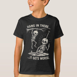 Grappig skelet houdt vol donkere humor Halloween T-shirt