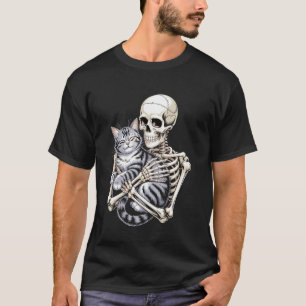 Grappig Skelet Knuffelende Kat Halloween Kat Moede T-shirt