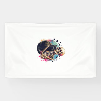 Grappig skelet knuffelt met een kat waterverf sche spandoek