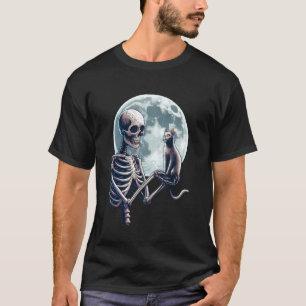 Grappig skelet met een kat Halloween schedel kat C T-shirt