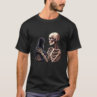 Grappig skelet spelen met een kat grafische schede t-shirt