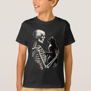 Grappig skelet spelen met een kat grafische schede t-shirt