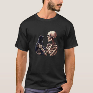 Grappig skelet spelen met een kat grafische schede t-shirt