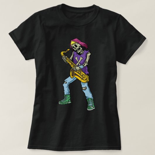 Grappig skelet spelen saxofoon speler t-shirt (Design voorkant)