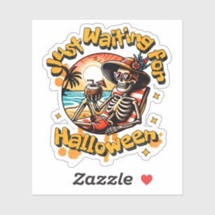 Grappig Skelet Wachtend op Halloween Strand Vibe Sticker
