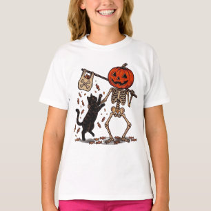 Grappig Skelet Wandelende Zwarte Kat Halloween T-shirt