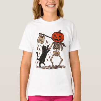Grappig Skelet Wandelende Zwarte Kat Halloween T-shirt