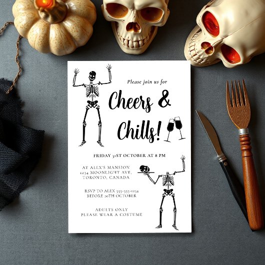 Grappig Skelet Zwart & Wit Halloween Feest Kaart