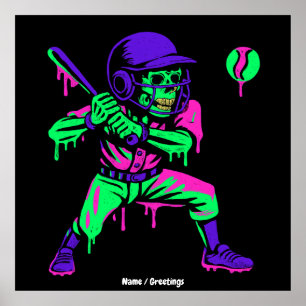 Grappig Skeleton Batting Ice Cream Dripping Baseba Poster