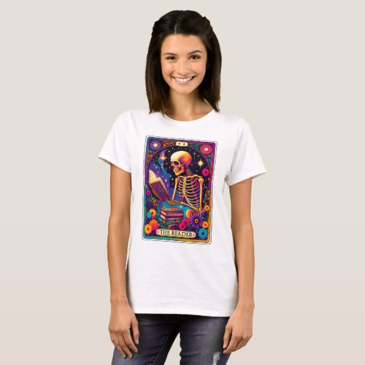 Grappig Skeleton De lezer Tarot T-shirt (Voorkant volledig)