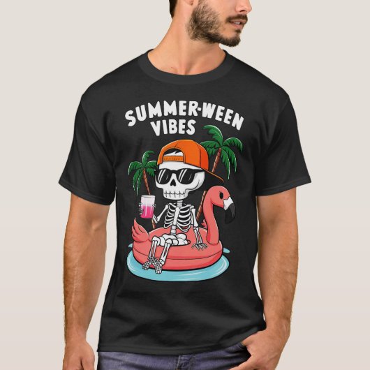 Grappig Skeleton Flamingo ZomerTussen Vibes Hallow T-shirt (Voorkant)