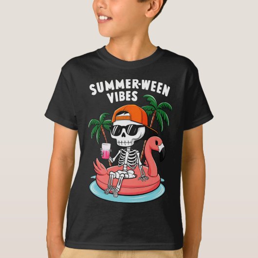 Grappig Skeleton Flamingo ZomerTussen Vibes Hallow T-shirt (Voorkant)