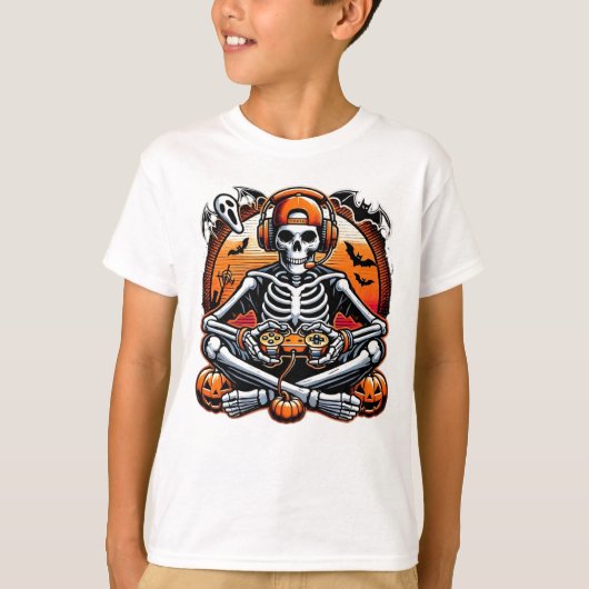 Grappig Skeleton Halloween Gift Video Game hoofdte T-shirt (Voorkant)