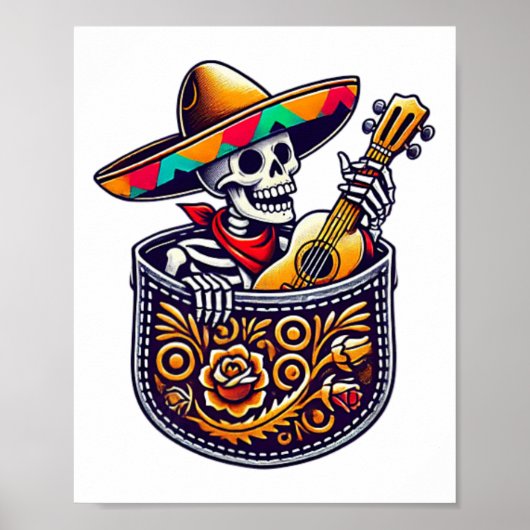 Grappig Skeleton Mariachi Gitaarzak Cinco de May Poster (Voorkant)