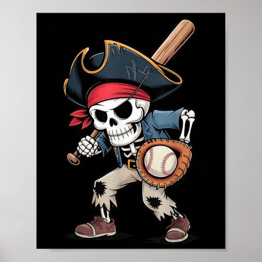 Grappig Skeleton Pirate Baseball Halloween Kostuum Poster (Voorkant)