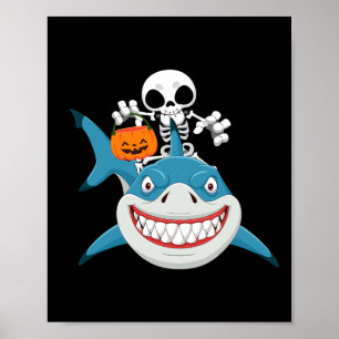 Grappig Skeleton Riding Shark Jack O'lantern Pumpk Poster